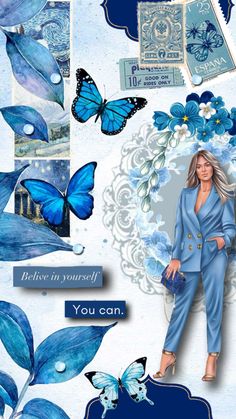 a woman in blue is surrounded by butterflies