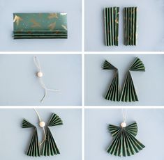 four pictures of green paper fans and string