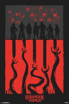 a movie poster with the silhouettes of people standing in front of firecrackers