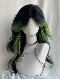 Lime Green Highlights, Dark Green Wig, Long Wavy Curls, Hair References, Steampunk Fashion Male, Black Highlights, Wavy Curls, Green Wig, Green Highlights