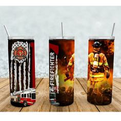 three firefighter themed tumblers on a wooden table