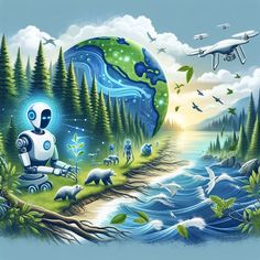 an image of a robot in the forest with animals and birds around it, surrounded by trees