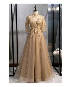 Shop elegant champagne gold aline formal dress with embroidery sleeves online. All instock with free shipping. Pro since 2009.