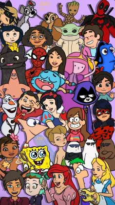 many different cartoon characters are grouped together in this image, with one being an adult