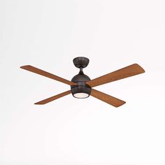 a ceiling fan with two wooden blades and a light fixture on the top of it