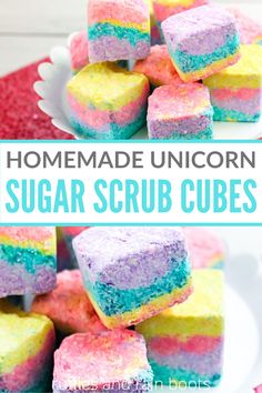 homemade unicorn sugar scrub cubes on a plate