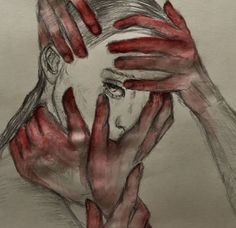 a drawing of a woman covering her face with hands