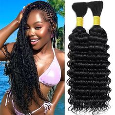 PRICES MAY VARY. Deep wave Bulk Human Hair for Micro Braiding No Weft is made with 100% Raw and Unprocessed 12A Brazilian Virgin Human Hair. Cut off from one Young Donor Directly. Full Cuticle Intact and Aligned in the same direction.It's clean and soft, natural and healthy, bouncy and glossy, full and thick. Hair Quality: Deep Wave Bulk Human Hair for Micro Braids can be bleached, dyed, permed and styled; Longevity; Pre-Stretched Smooth ends; No Tangle & No Shedding; No Smell ; After being brai Human Hair Braiding Hair, Wavy Hair With Braid, Boho Box Braids, Braids Goddess, Human Hair For Braiding, Head Braid, Braids Boho, Braids Knotless, Bohemian Braids