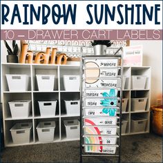 the rainbow sunshine 10 drawer cart labels are on display in front of white bins