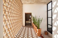 a room with some plants in it and a wall made out of wooden slats