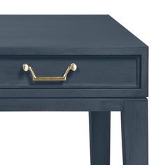 a blue end table with gold handles on it's legs and one drawer open