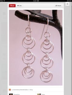 a pair of silver earrings sitting on top of a wooden branch next to a tweep