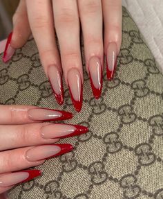 Round Stilleto Nails Long, Pretty Almond Nails Classy French, Gray And Red Nails, Red French Tip Stiletto Nails, Round Long Nails, Long Almond Nails Designs Classy, Baddie Red Nails, Red Almond Acrylic Nails, Red French Tip Almond Nails