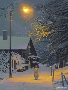 a painting of a person walking in the snow at night with a street light on