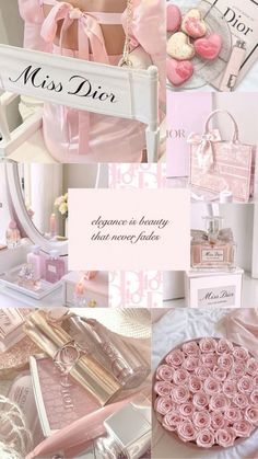 a collage of photos with pink and white items