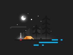 an image of a tent in the woods at night with stars and moon above it