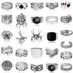 PRICES MAY VARY. Vintage Silver Punk Rings: You will receive 26 pieces silver punk rings in one ring set, including snake ring, skull ring, signet ring, link chain ring, wing ring, poker ring, thorn ring and etc. Multiple types of punk rings provide you with different collocation choice every day, make you look cool and different. Gothic Chunky Rings: Most of the gothic rings are large in size 8--10, so more for a man or large women's hands. which can easily match your daily different outfits, s Gothic Rings Aesthetic Men, Cool Chunky Rings, Vintage Rings Men, Chunky Rings Men, Types Of Punk, Chuncky Rings, Hiphop Rings, Men’s Jewelry, Black And Silver Rings