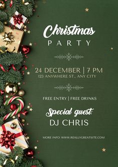 christmas party flyer with presents on green background