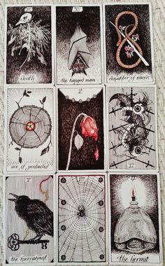 six tarot cards with images of different things on them, all in black and white