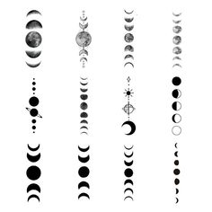 the phases of the moon are shown in black and white, with different shapes on them