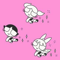 three black and white cartoon cats on a pink background