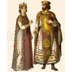 an illustration of two people dressed in medieval clothing, one with a beard and the other wearing