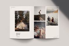 an open book with pictures of people in canoes and tents on the pages, including a man standing on top of a boat