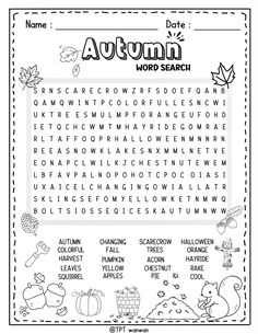 an autumn word search for kids to practice their handwriting and writing skills, including the words in