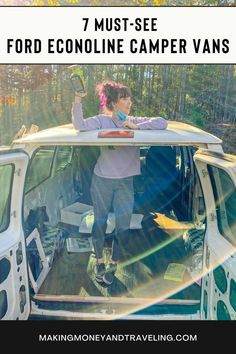 a woman standing in the back of a white van