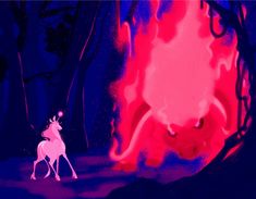 an animated image of a deer standing in the middle of a forest with red and blue colors