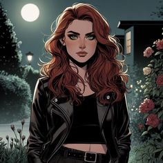 a woman with long red hair standing in front of flowers at night, wearing a black leather jacket