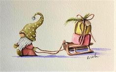 a watercolor painting of two gnomes pulling a sleigh with presents on it