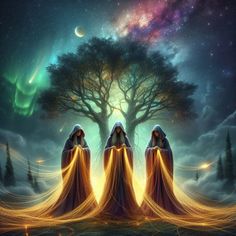 three women standing in front of a tree with the sky and stars behind them, all looking at each other