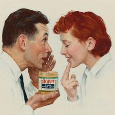 a painting of two people looking at each other with a jar of skippy peanut butter in front of them