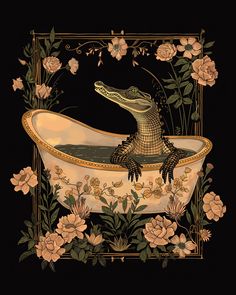 a painting of a crocodile in a bathtub surrounded by flowers and leaves on a black background