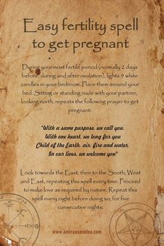 During your most fertile period (normally 2 days before, during and after ovulation), lights 9 white candles in your bedroom. Place them around your bed. Sitting or standing nude with your partner, looking north, repeats the following prayer to get pregnant: Read the spell to get pregnant on my website! Fertility Magic Spell, Spell For Fertility, Fertility Ritual Pagan, Fertility Candle Spell, Spells To Get Pregnant, Period Spells