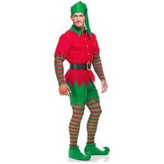 a man dressed in an elf costume standing on one leg and wearing green striped socks