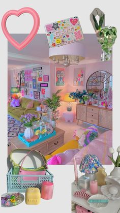 a collage of photos with furniture and flowers in the center, including a heart - shaped window