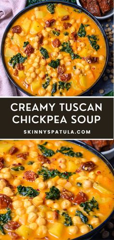 creamy tuscann chickpea soup with spinach and bacon in a black bowl