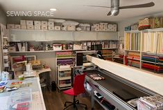 a sewing studio with lots of crafting supplies