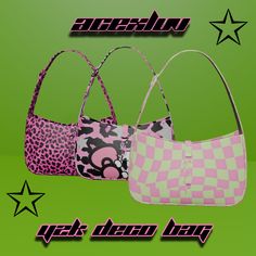 three purses with different designs on them and the words, bag design day written in large letters