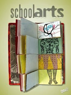 an open book with drawings on it and the words school arts written in large letters