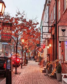 a brick street lined with parked cars next to tall red brick buildings on both sides