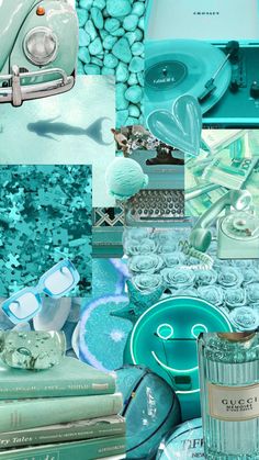 a collage of blue and green items