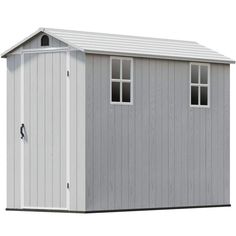 a gray shed with two windows on the side