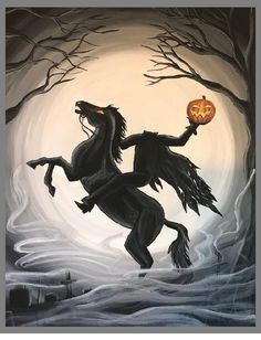 a painting of a horse with a pumpkin in its mouth