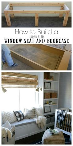 two pictures with the words how to build a window seat and bookcase in it