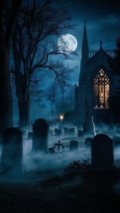 a cemetery at night with fog in the foreground and a full moon in the background