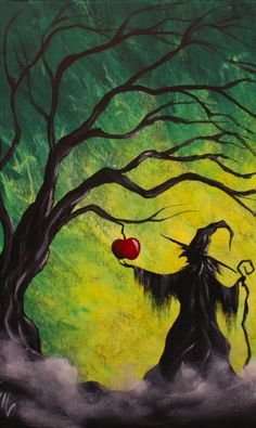 a painting of a wizard holding an apple in front of a tree with no leaves