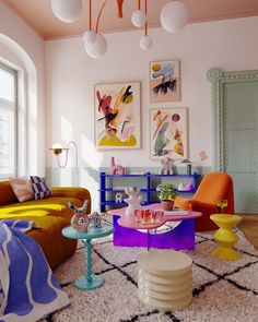 a living room filled with colorful furniture and pictures on the wall above it's coffee table